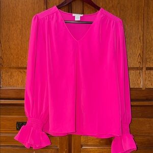 Carmen Marc Valvo V-neck Puff Ruffled Balloon Sleeve Fuchsia Blouse